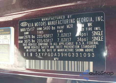 2017 Kia Sorento 2.4L Lx z USA, uszkodzony, nr VIN 5XYPGDA39HG331093